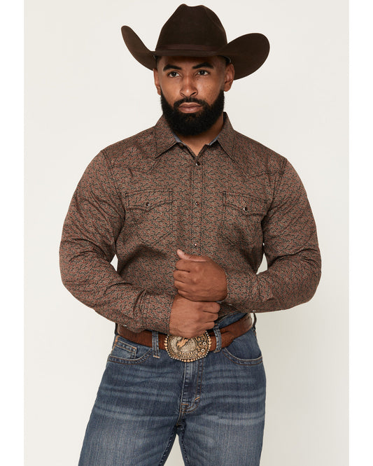 Men's Fireball Geo Print Long Sleeve Snap Western Shirt Brown