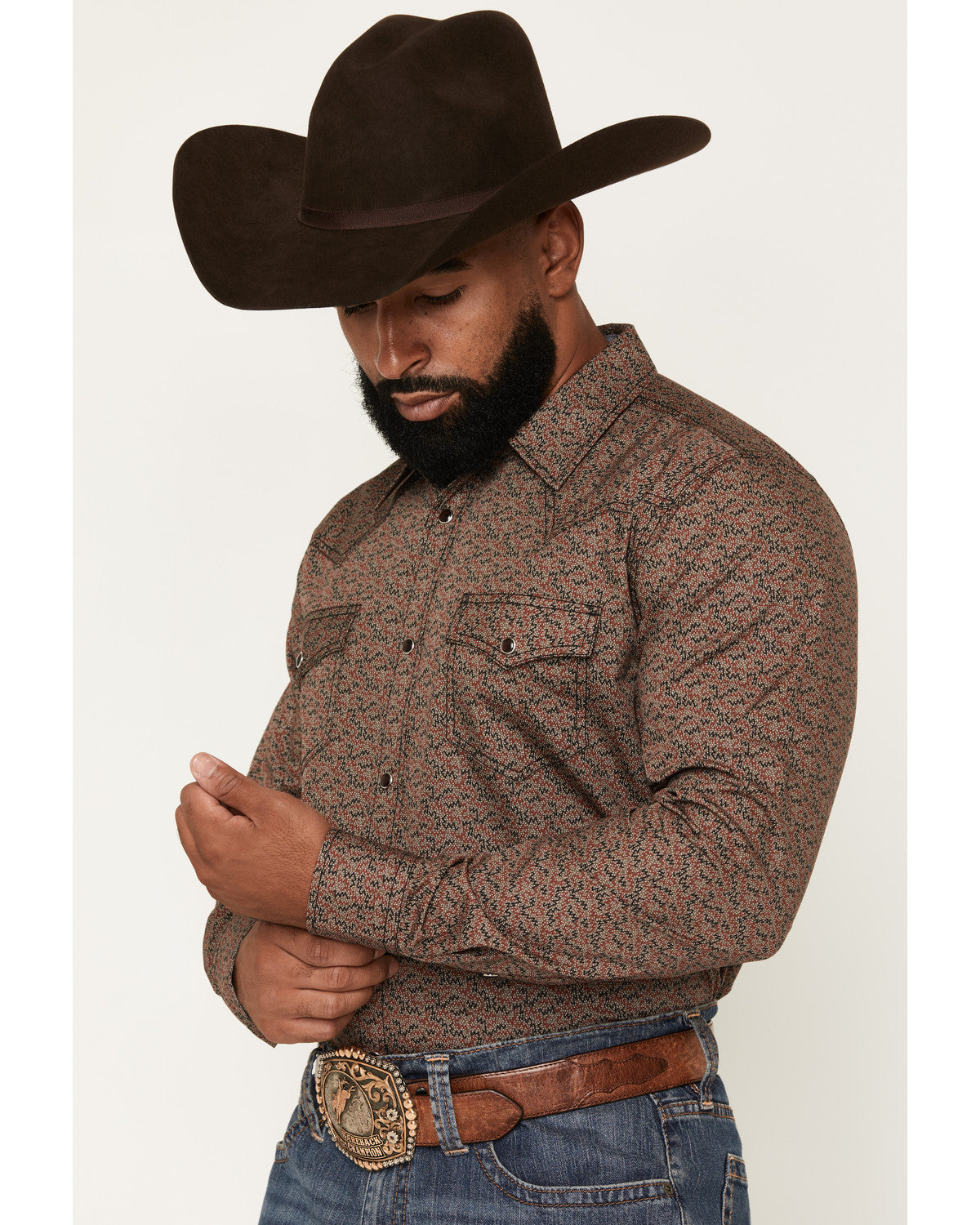 Men's Fireball Geo Print Long Sleeve Snap Western Shirt Brown