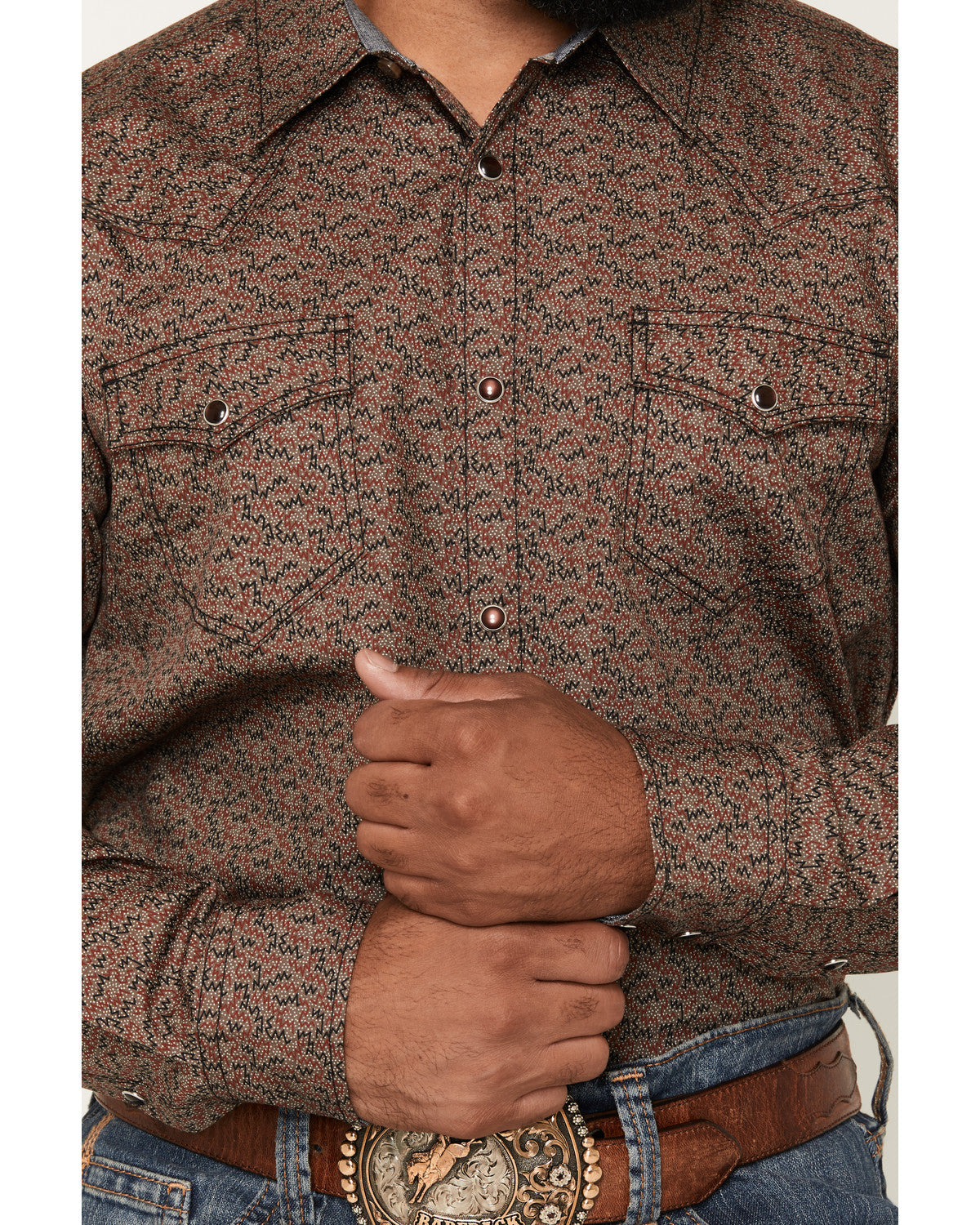 Men's Fireball Geo Print Long Sleeve Snap Western Shirt Brown