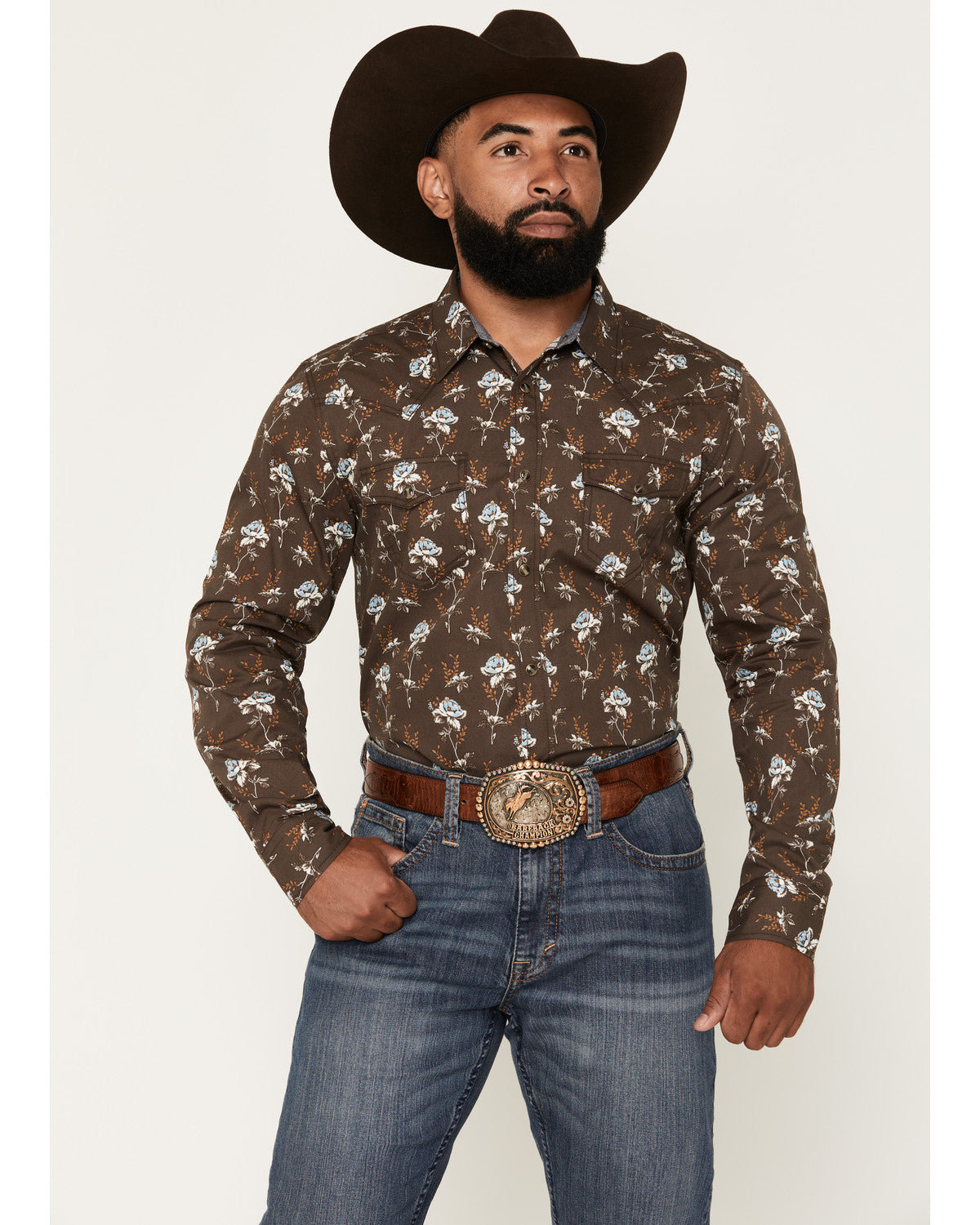 Men's Night Cap Floral Print Long Sleeve Snap Western Shirt Brown
