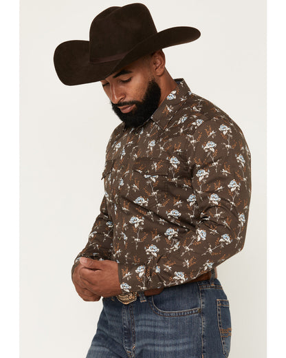 Men's Night Cap Floral Print Long Sleeve Snap Western Shirt Brown