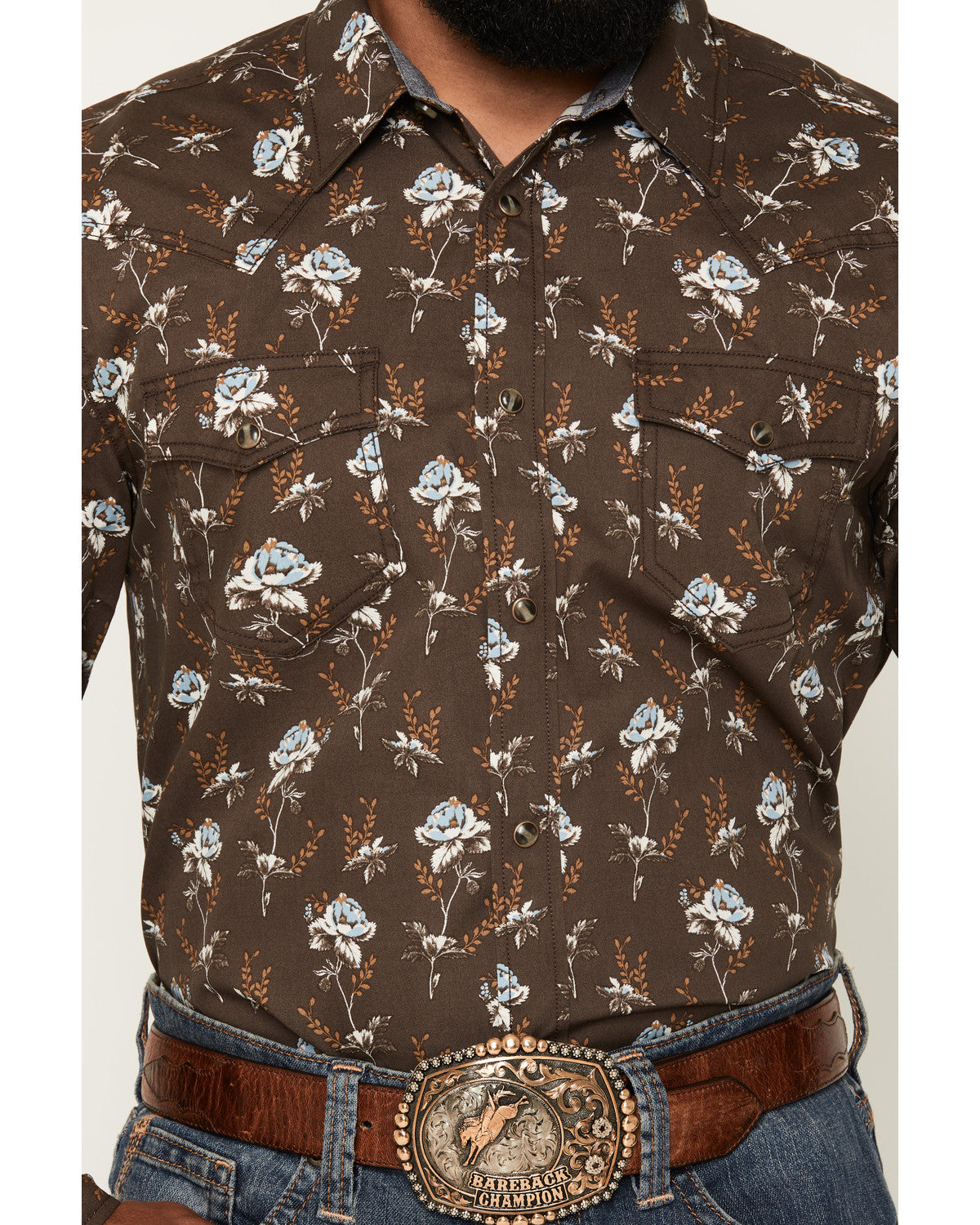 Men's Night Cap Floral Print Long Sleeve Snap Western Shirt Brown
