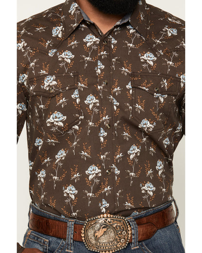 Men's Night Cap Floral Print Long Sleeve Snap Western Shirt Brown