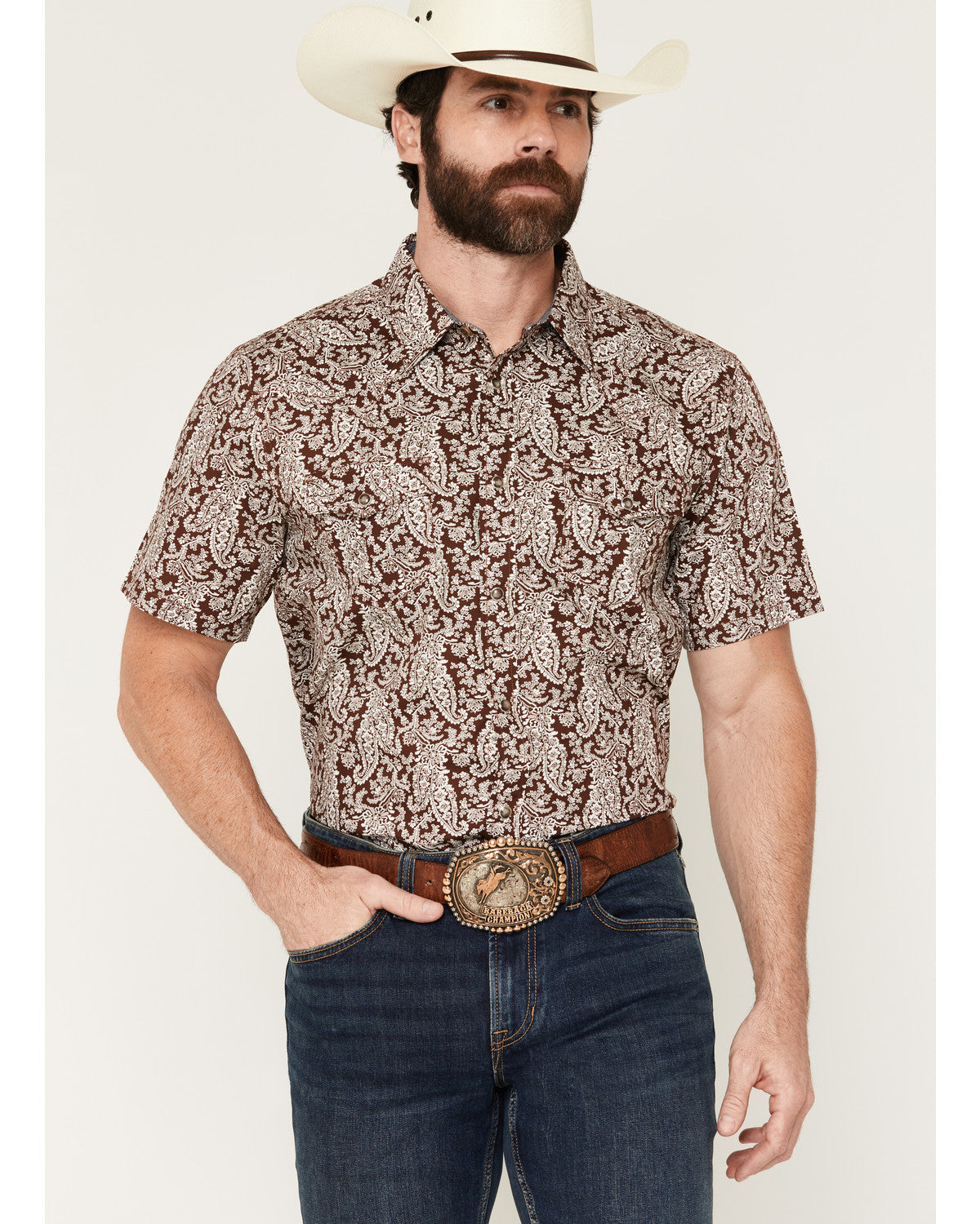 Men's Rusted Gate Paisley Print Short Sleeve Snap Western S Brown