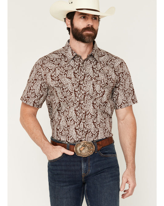 Men's Rusted Gate Paisley Print Short Sleeve Snap Western S Brown