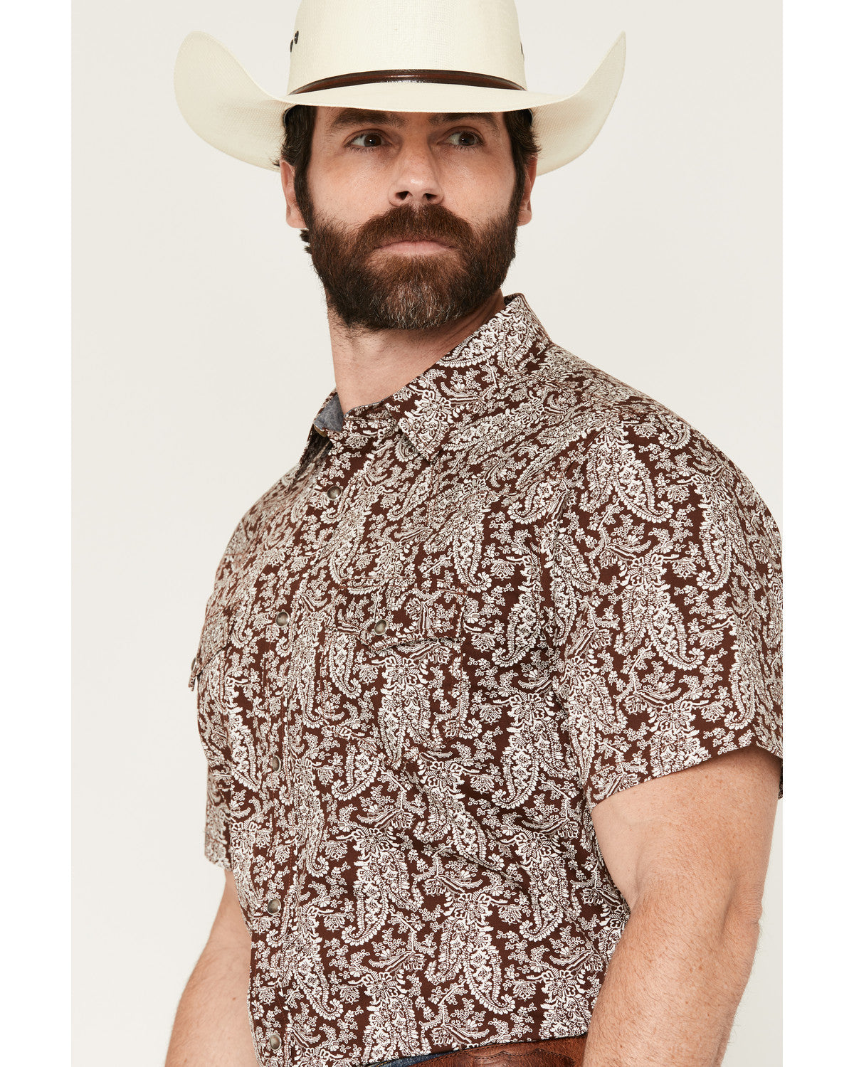 Men's Rusted Gate Paisley Print Short Sleeve Snap Western S Brown