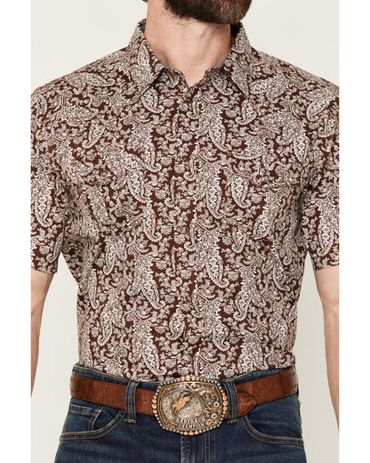 Men's Rusted Gate Paisley Print Short Sleeve Snap Western S Brown