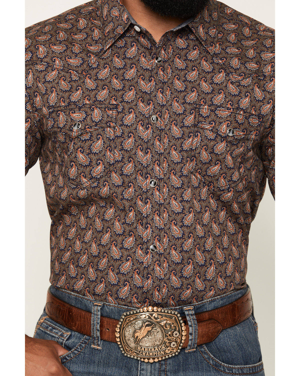 Men's 2 Step Paisley Print Short Sleeve Snap Western Shirt Navy