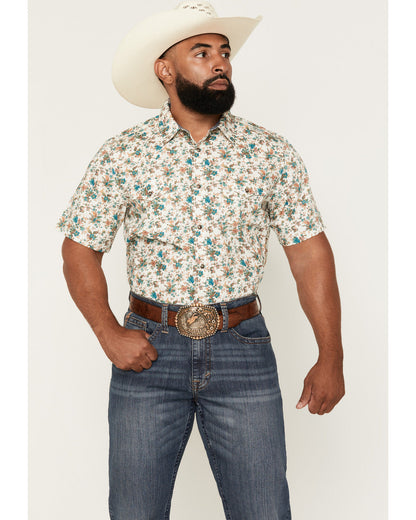 Men's Blossom Floral Print Short Sleeve Snap Western Shirt Cream