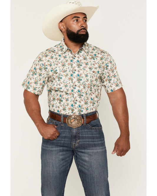 Men's Blossom Floral Print Short Sleeve Snap Western Shirt Cream