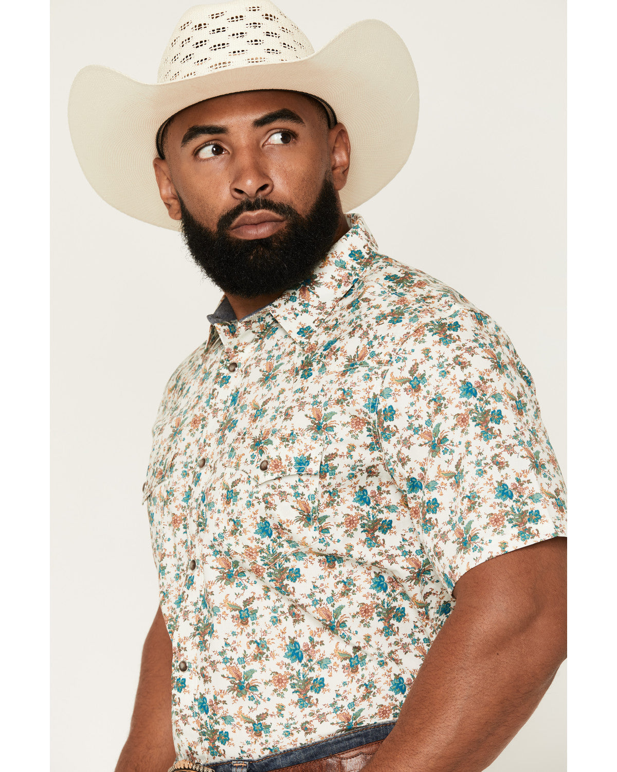 Men's Blossom Floral Print Short Sleeve Snap Western Shirt Cream