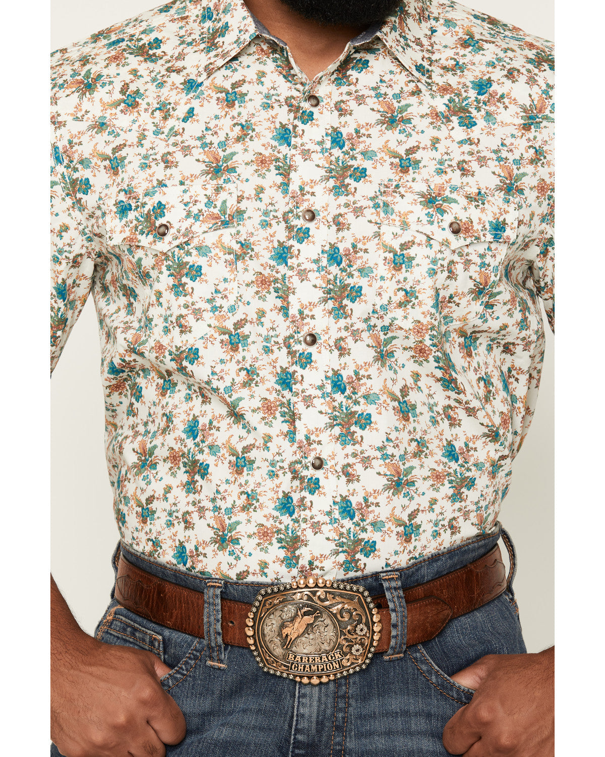 Men's Blossom Floral Print Short Sleeve Snap Western Shirt Cream