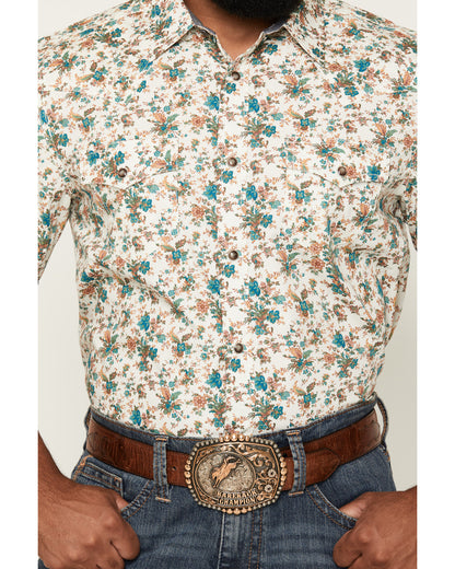 Men's Blossom Floral Print Short Sleeve Snap Western Shirt Cream