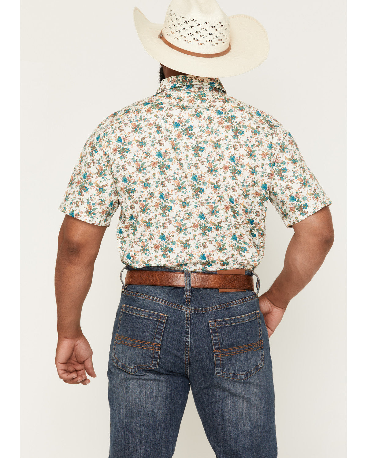 Men's Blossom Floral Print Short Sleeve Snap Western Shirt Cream