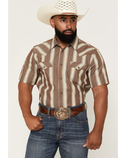 Men's Gopher Striped Print Short Sleeve Snap Western Shirt Brown