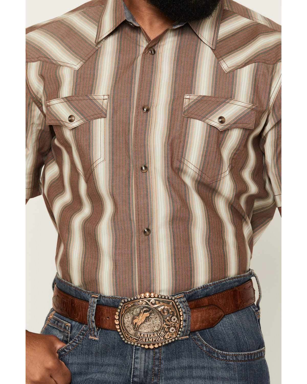 Men's Gopher Striped Print Short Sleeve Snap Western Shirt Brown