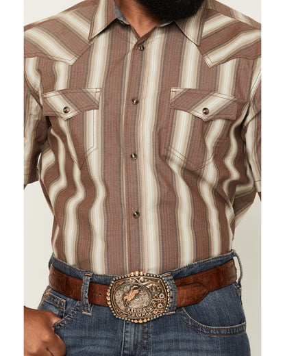 Men's Gopher Striped Print Short Sleeve Snap Western Shirt Brown