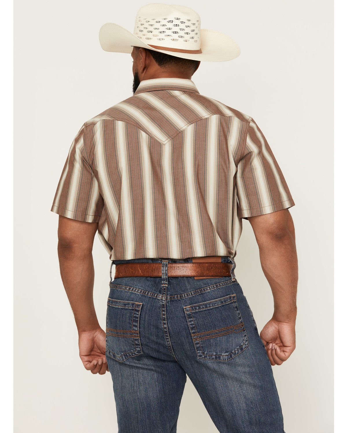 Men's Gopher Striped Print Short Sleeve Snap Western Shirt Brown