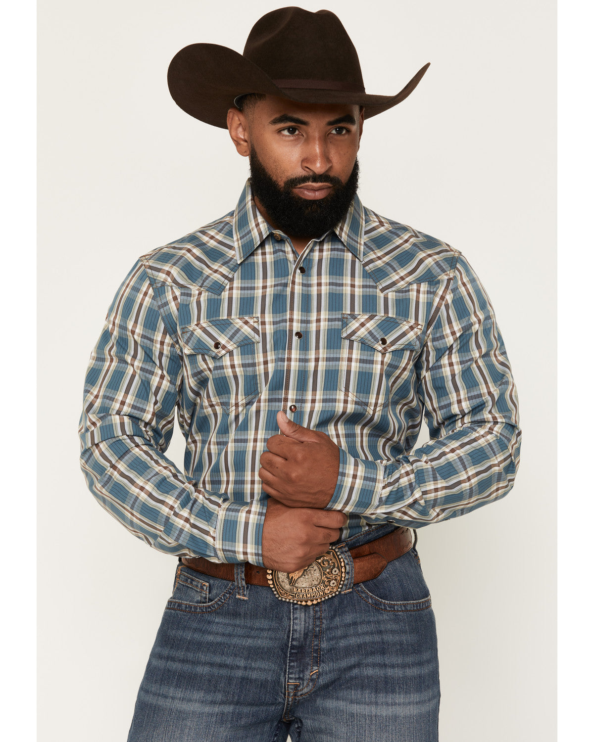 Men's Niagara Falls Plaid Print Long Sleeve Snap Western Sh Blue