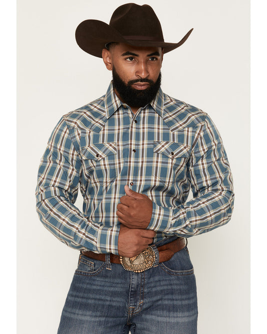 Men's Niagara Falls Plaid Print Long Sleeve Snap Western Sh Blue