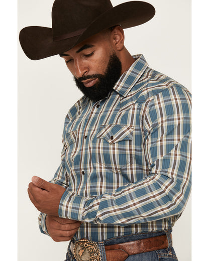 Men's Niagara Falls Plaid Print Long Sleeve Snap Western Sh Blue