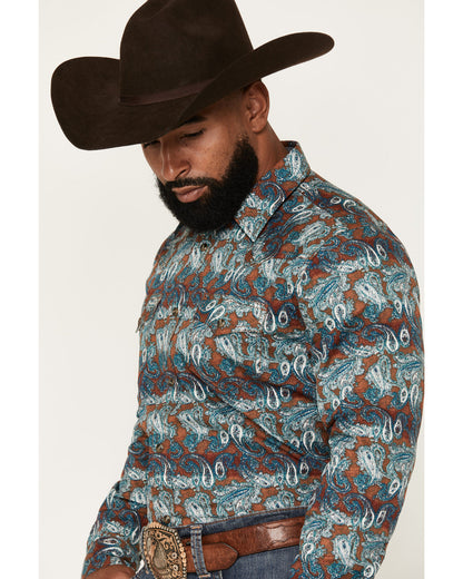 Men's Gilbert Paisley Print Long Sleeve Snap Western Shirt Blue