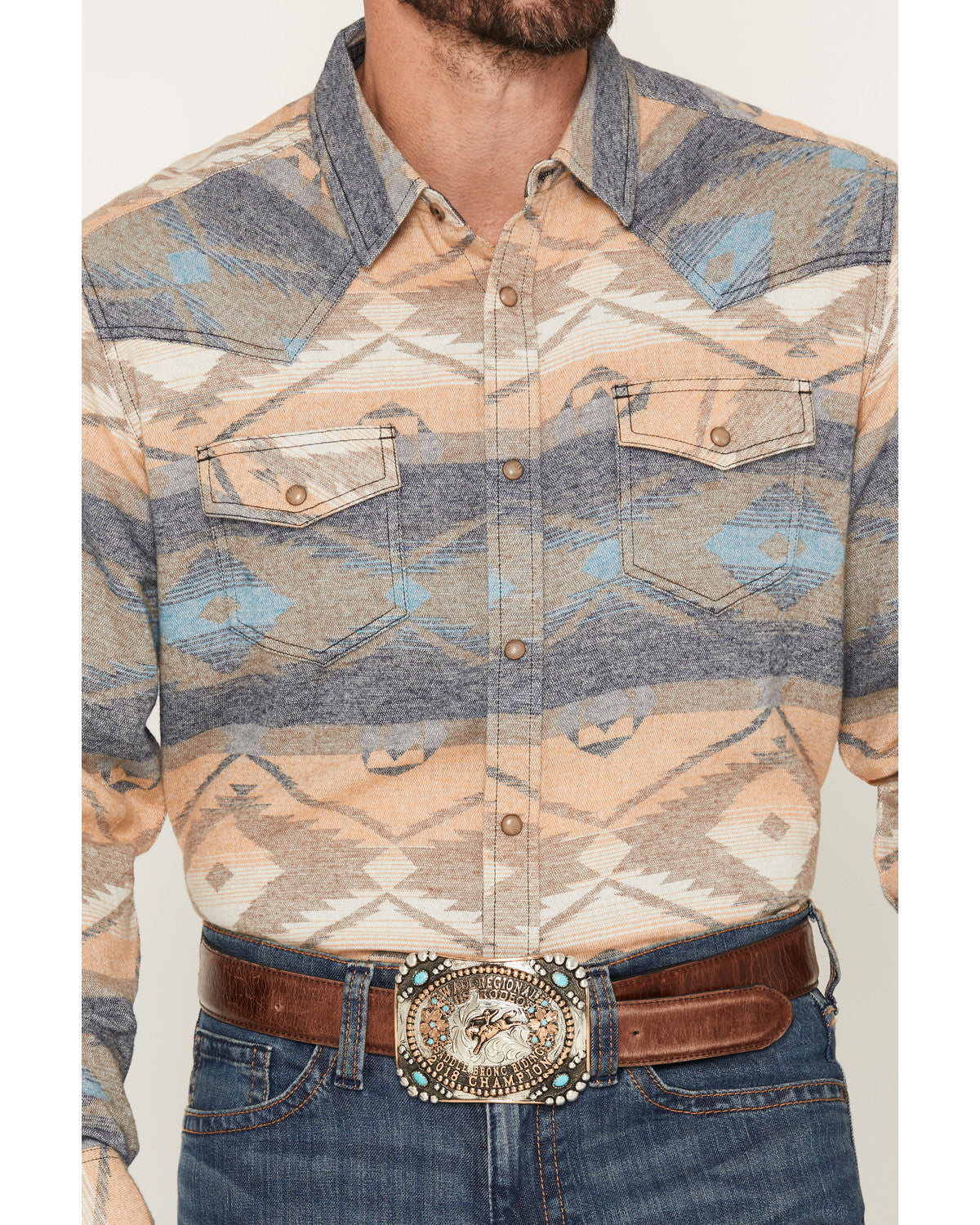 Men's Arrow Bear Southwestern Print Long Sleeve Snap Flanne Multi