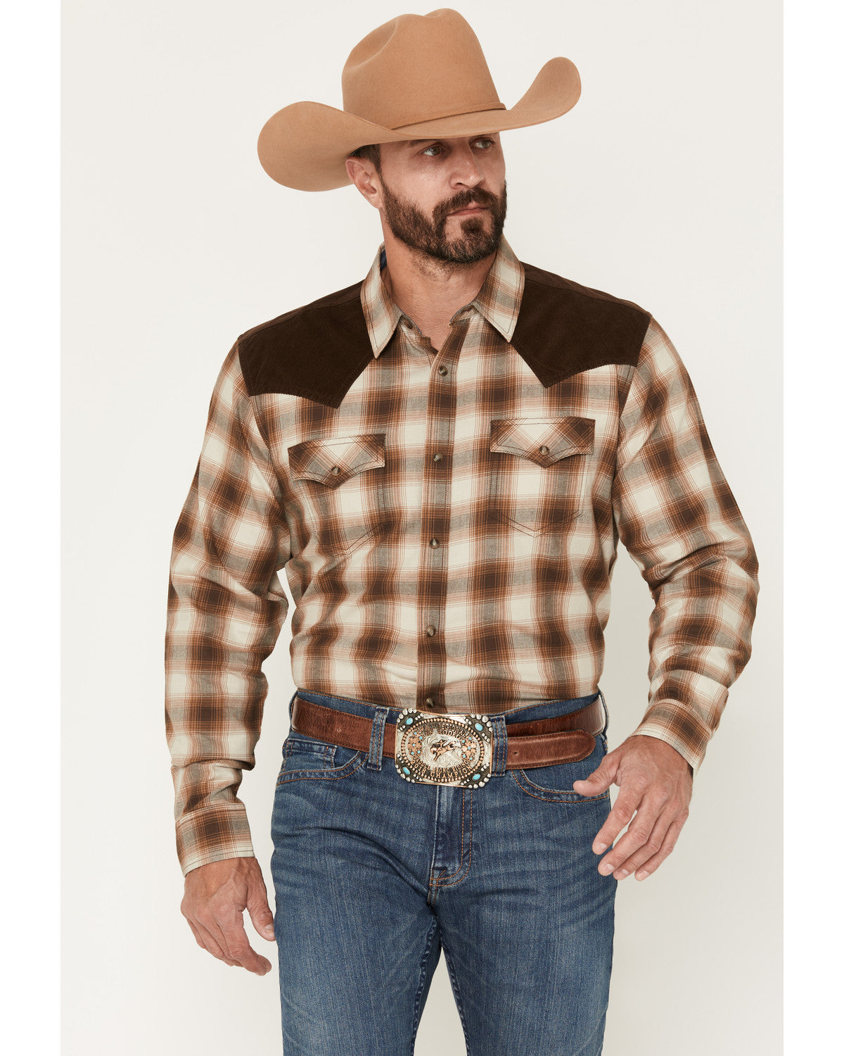 Men's Mad Plaid Print Corduroy Long Sleeve Snap Western Shi Tan