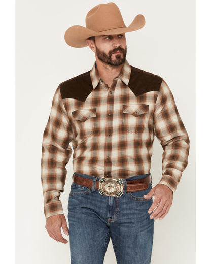 Men's Mad Plaid Print Corduroy Long Sleeve Snap Western Shi Tan