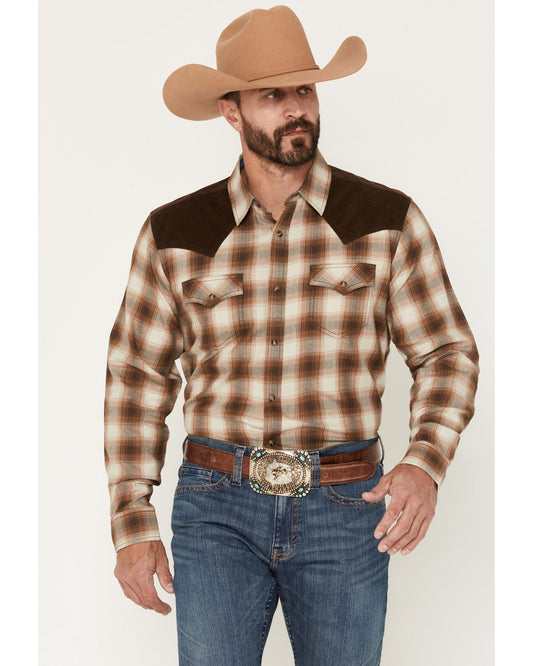 Men's Mad Plaid Print Corduroy Long Sleeve Snap Western Shi Tan
