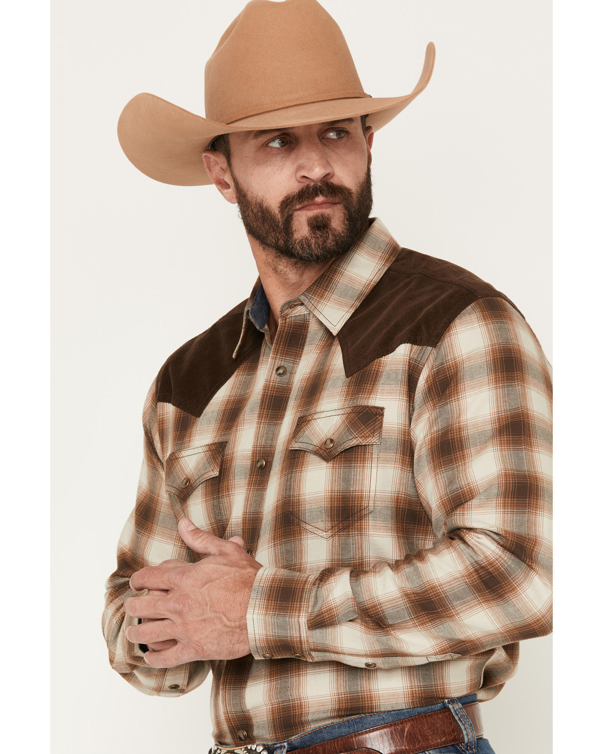 Men's Mad Plaid Print Corduroy Long Sleeve Snap Western Shi Tan