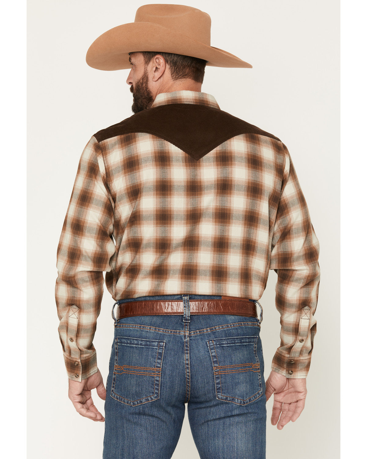 Men's Mad Plaid Print Corduroy Long Sleeve Snap Western Shi Tan