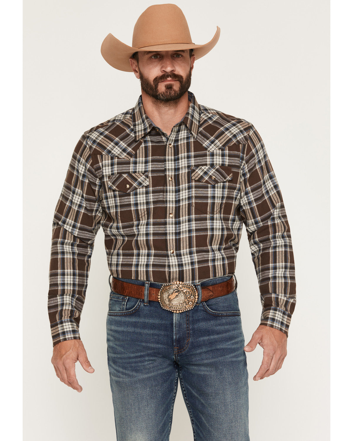 Men's Mud Pit Plaid Print Long Sleeve Snap Flannel Shirt Brown