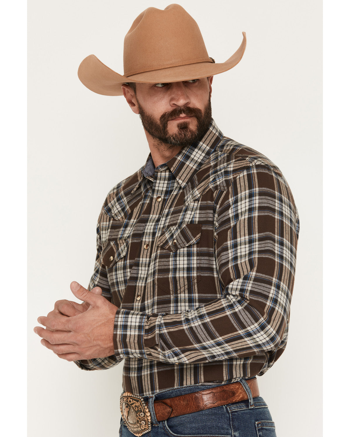 Men's Mud Pit Plaid Print Long Sleeve Snap Flannel Shirt Brown