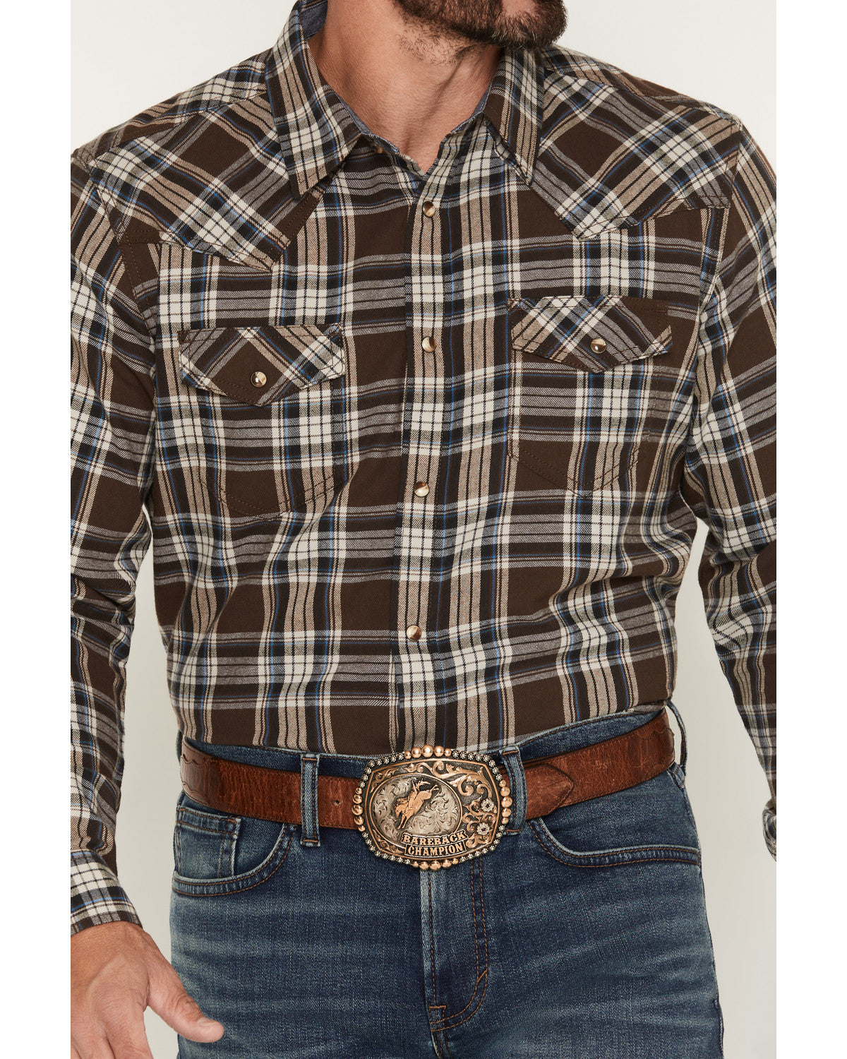 Men's Mud Pit Plaid Print Long Sleeve Snap Flannel Shirt Brown
