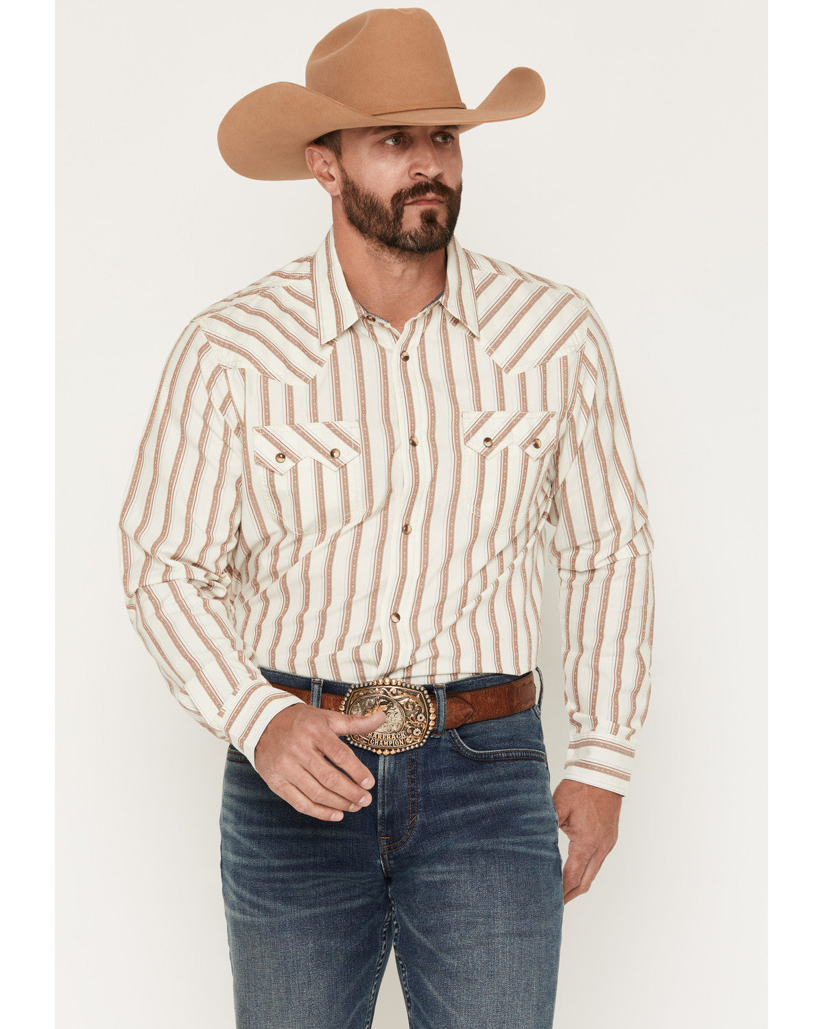 Men's Trigger Striped Print Long Sleeve Snap Western Shirt Cream