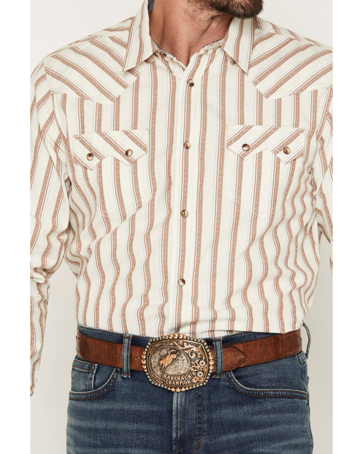 Men's Trigger Striped Print Long Sleeve Snap Western Shirt Cream