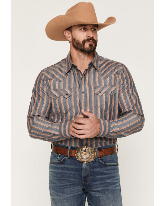 Men's Trigger Striped Print Long Sleeve Snap Western Shirt Blue