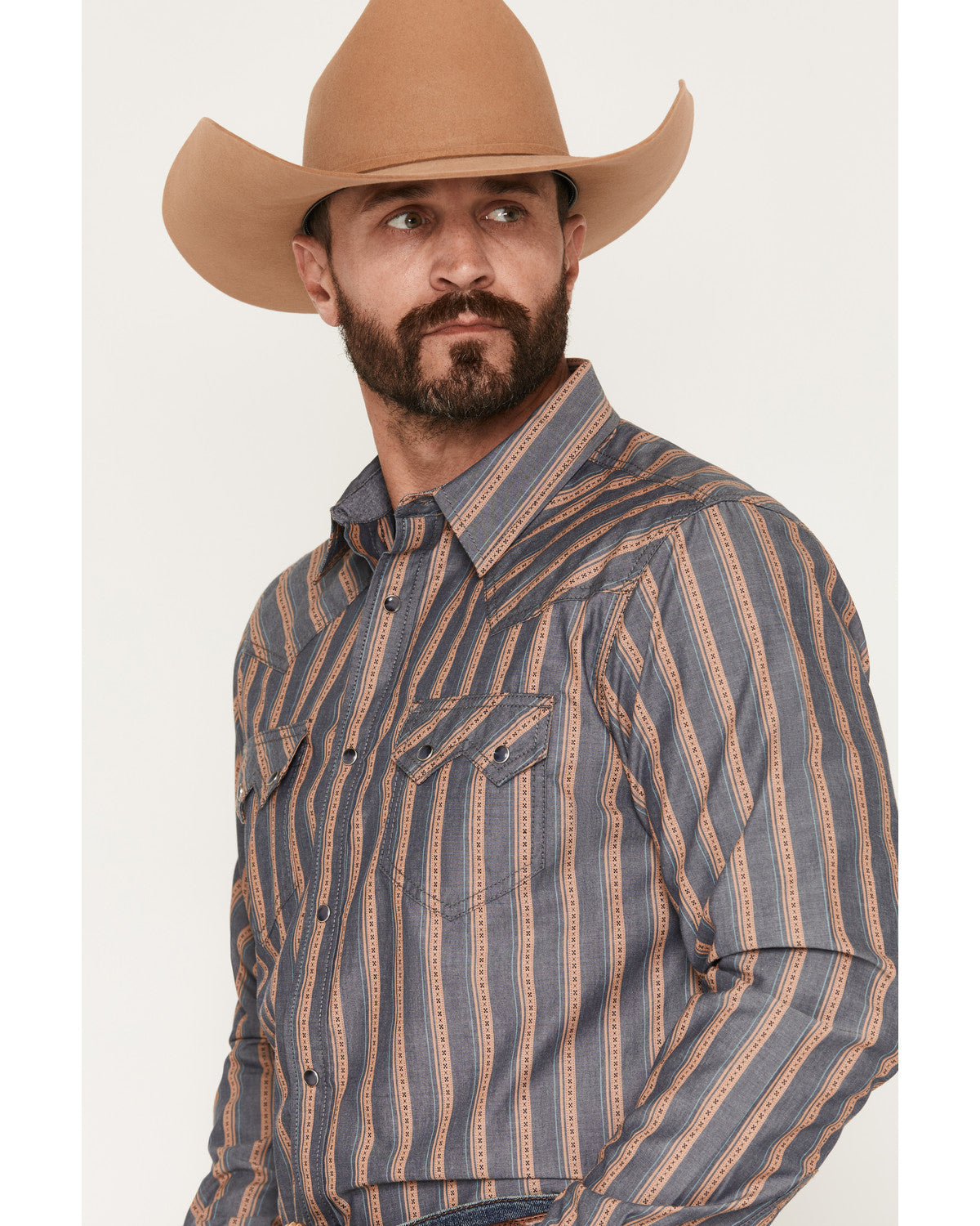 Men's Trigger Striped Print Long Sleeve Snap Western Shirt Blue