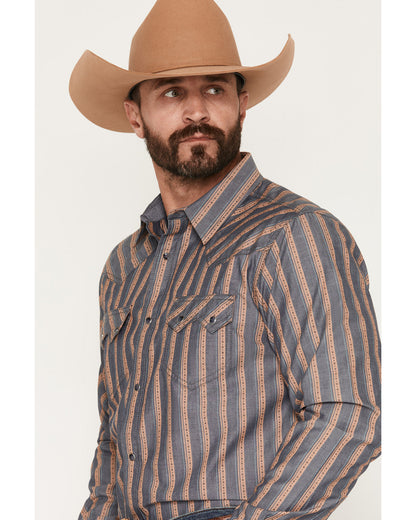 Men's Trigger Striped Print Long Sleeve Snap Western Shirt Blue