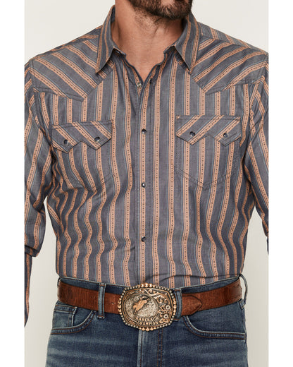 Men's Trigger Striped Print Long Sleeve Snap Western Shirt Blue