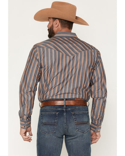 Men's Trigger Striped Print Long Sleeve Snap Western Shirt Blue