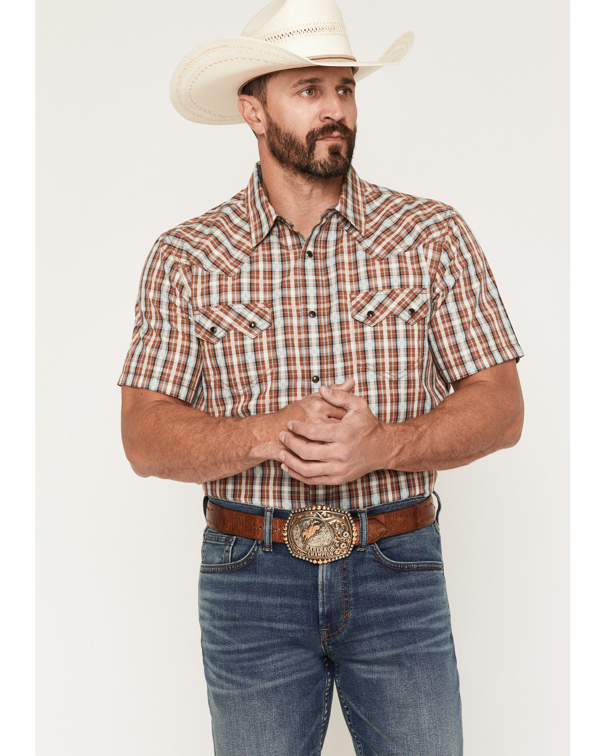 Men's Elmer Plaid Print Short Sleeve Snap Western Shirt Brown