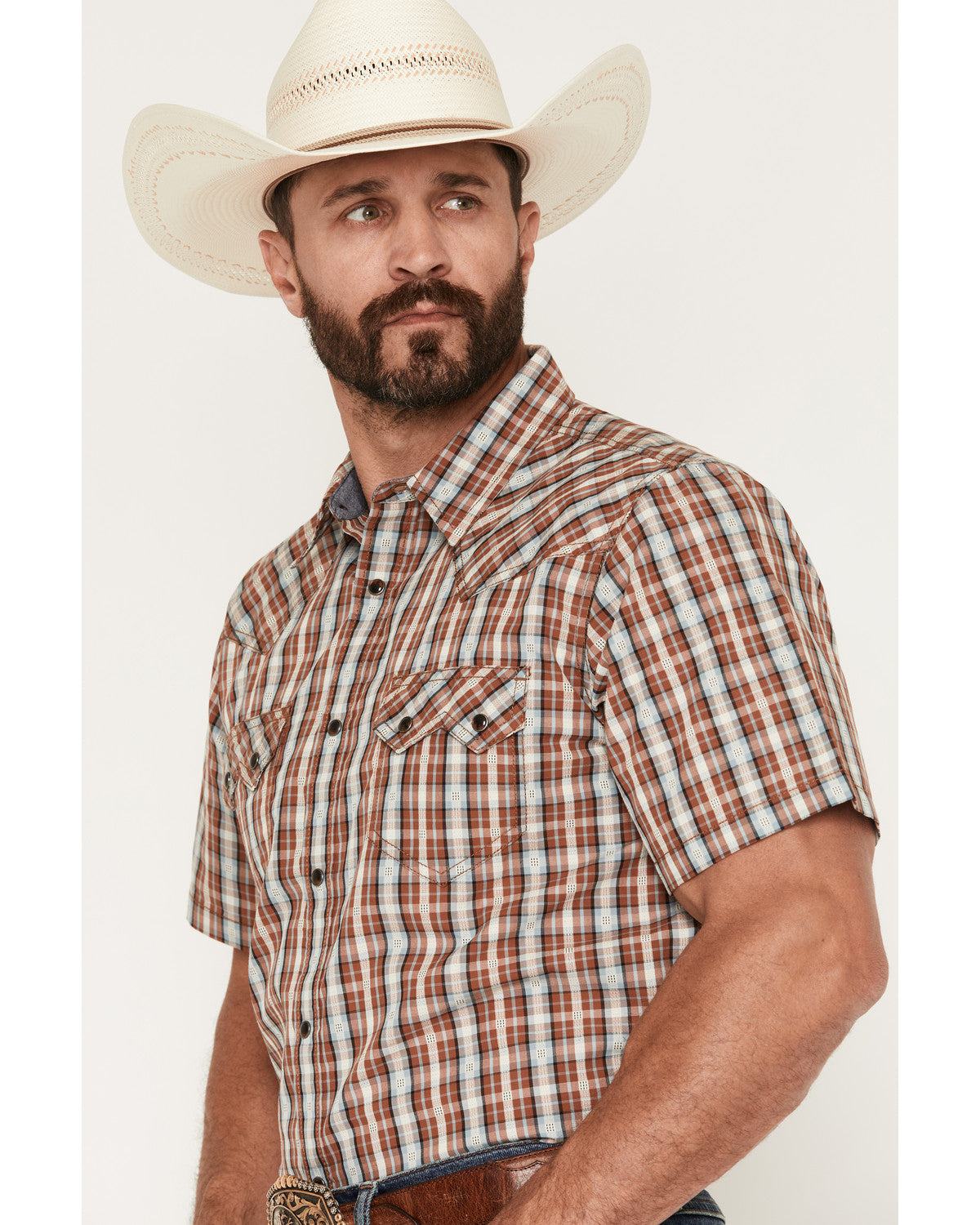 Men's Elmer Plaid Print Short Sleeve Snap Western Shirt Brown