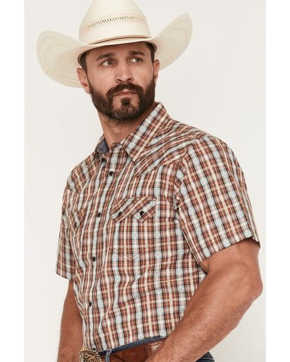 Men's Elmer Plaid Print Short Sleeve Snap Western Shirt Brown