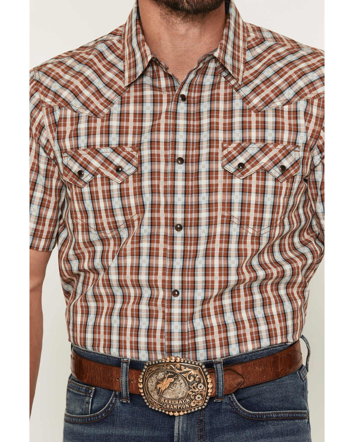 Men's Elmer Plaid Print Short Sleeve Snap Western Shirt Brown