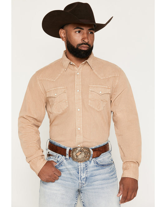 Men's Solid Long Sleeve Snap Denim Western Shirt Tan