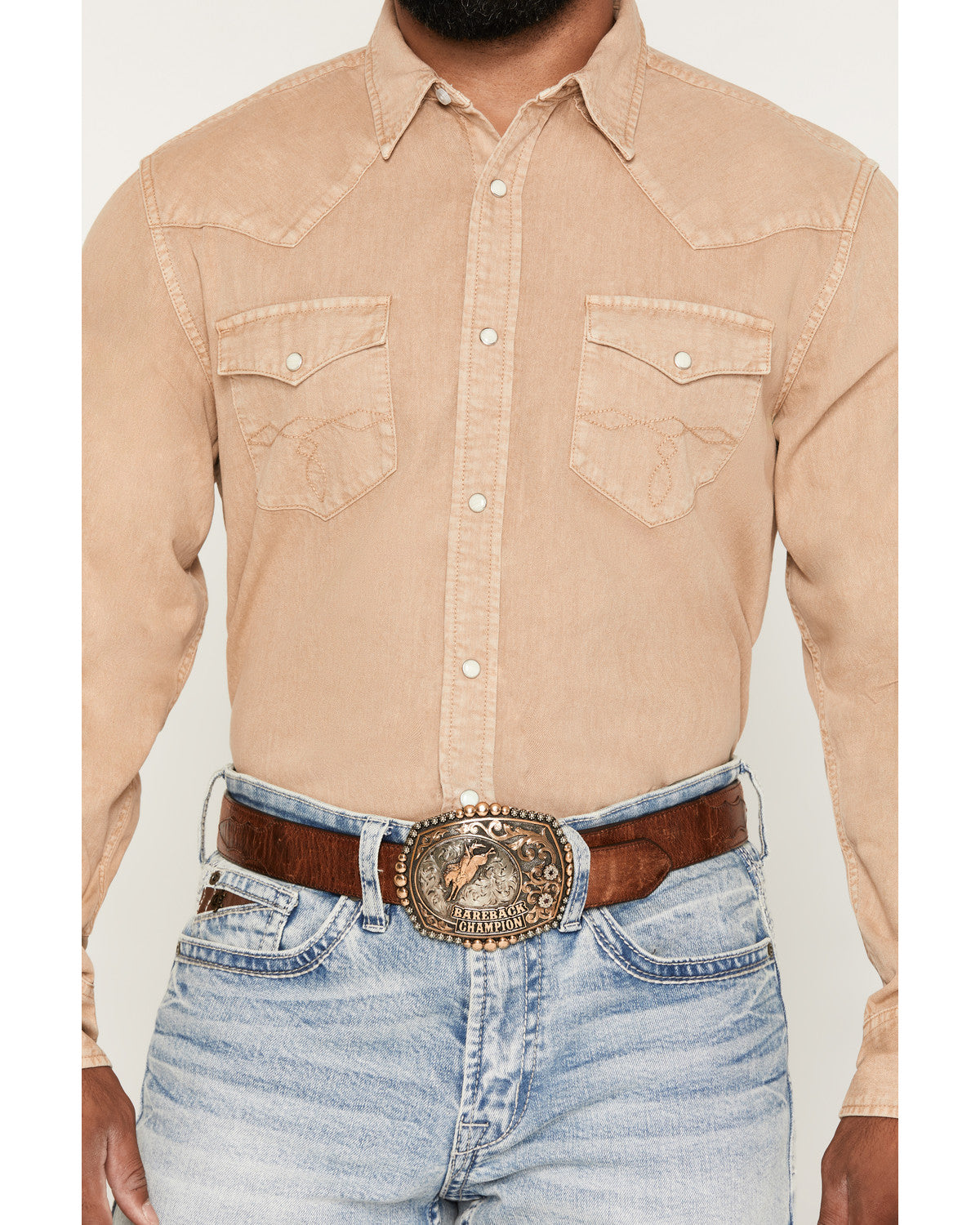 Men's Solid Long Sleeve Snap Denim Western Shirt Tan
