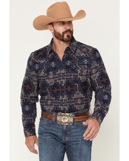 Men's Bowie Knife Southwestern Print Long Sleeve Snap Flann Navy