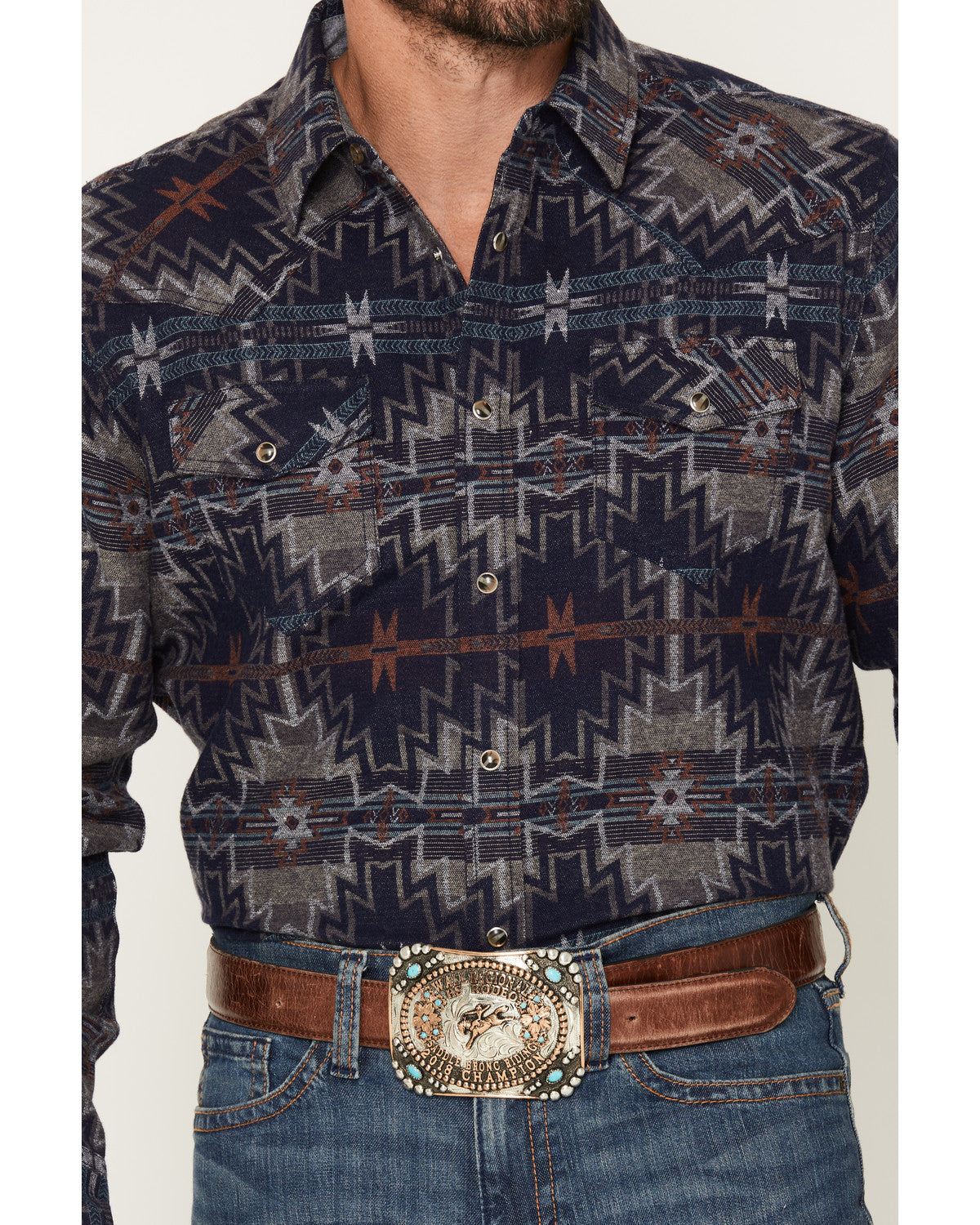 Men's Bowie Knife Southwestern Print Long Sleeve Snap Flann Navy